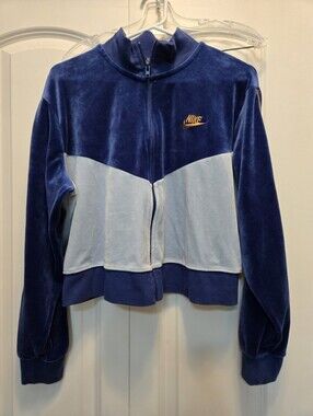 Nike Two-Tone Blue Velour Zip Cropped Track Jacket
